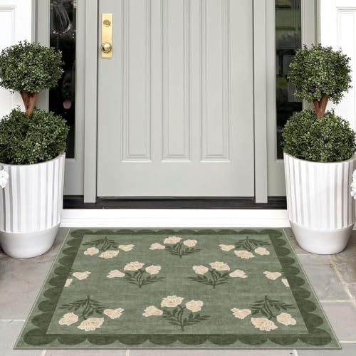 3x3 Square Entryway Rug - Non-Slip Washable Front Door Mat Indoor Outside Entrance Small Porch Rug Sage Green Cottage Scalloped Throw Rugs for Entryway Kitchen Bedroom Office Front Porch Decor - Image 4