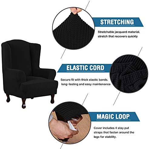 H.VERSAILTEX Wing Chair Slipcover Chair Covers for Wingback Chairs Wingback Chair Covers Slipcovers 1 Piece Stretch Sofa Cover Furniture Protector Soft Spandex Jacquard Checked Pattern, Black - Image 3