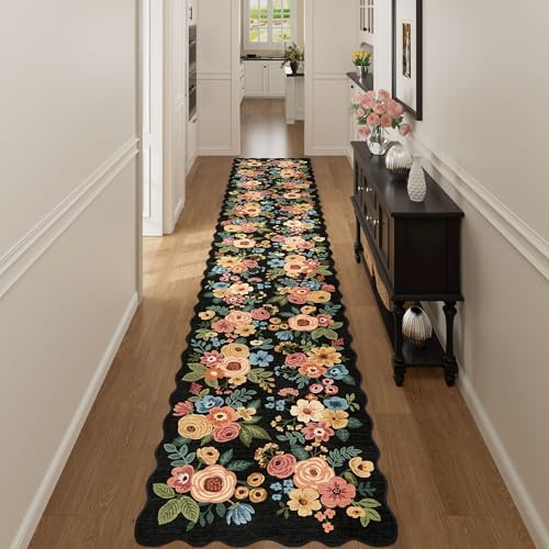 DUKINO 2.6x14 Runner Rug, Floral Washable Rug for Hallway Non Slip, Black - Image 5