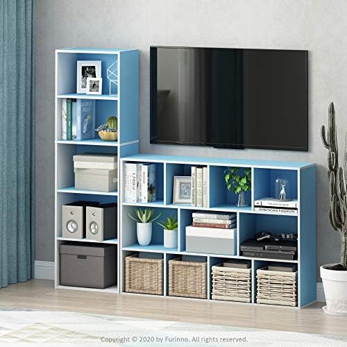 Furinno LUDER Book Shelf, 5-Tier Bookshelf, Bookcase with Open Shelves, 9.4 x 15.8 x 52, Easy Assembly, for Living Room, Bedroom, Home Office, White/Light Blue - Image 2