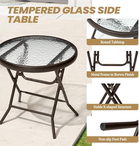 Foldable Side Table with Tempered Glass Top, Brown - Image 5