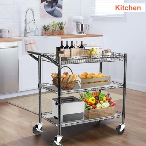 BolDuck Heavy Duty Utility Cart, 990Lbs Capacity 3 Tier Rolling Carts with Wheels, Kitchen Cart on Wheels with Storage, Commercial Grade Metal Serving Carts with Wire Shelving &Handle Bar, Black - Image 3
