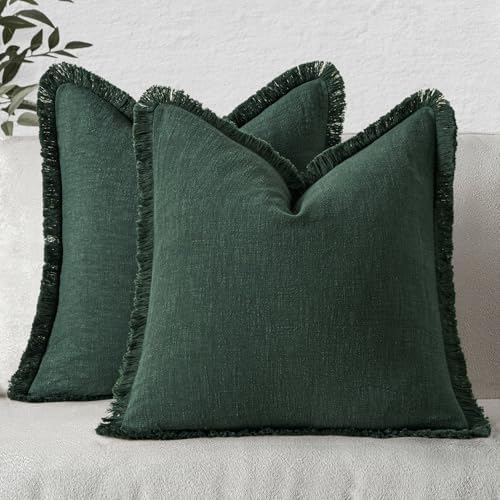 MIULEE Boho Linen Fringe Decorative Throw Pillow Covers Army Green 20x20 by MIULEE