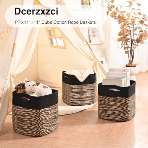 11 Inch Cube Storage Bins, 11x11 Cube Storage Bins for Cube Organizer, Square Cloth Storage Cubes, Woven Storage Baskets for Shelves, Toy Baskets Storage Kids, Black & Jute (Pack of 3) - Image 6