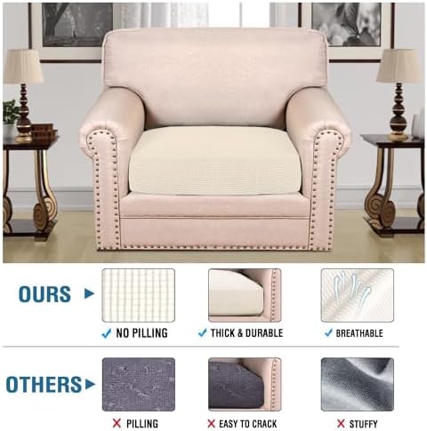 H.VERSAILTEX Super Stretch Individual Seat Cushion Covers Sofa Covers Couch Cushion Covers Slipcover Sets Thick Jacquard Textured Twill Fabric (1 Piece Chair Cushion Cover, Natural) - Image 2