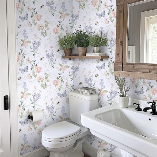 Vinjiasin Peel and Stick Wallpaper Floral Wallpaper Boho Flower Contact Paper Vintage Colorful Removable Self Adhesive Wall Paper for Bathroom Bedroom Flower Leaf Butterfly Bee 17.3"x 78.7" - Image 3