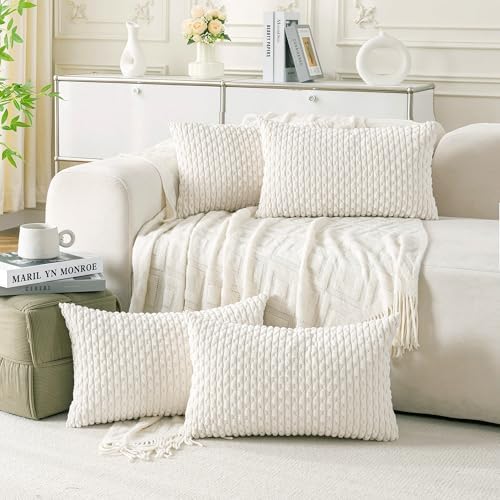 Set of 4 Cream White Decorative Throw Pillow Covers 12x20 Inch Corduroy Pillow Covers for Bed Couch Sofa Living Room Soft Cushion Cases by Cozoomy