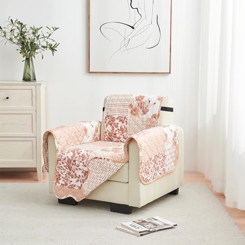Great Bay Home Reversible Patchwork Chair Cover - Washable Slipcover Furniture Protector with Elastic Straps - Perfect for Kids & Pets - Box-Stitched Detail (Dusty Rose) by GreatBayHome