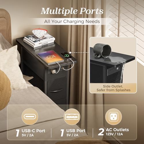 Huuger Narrow End Table with Charging Station, Side Table with 2 Drawers - Image 5