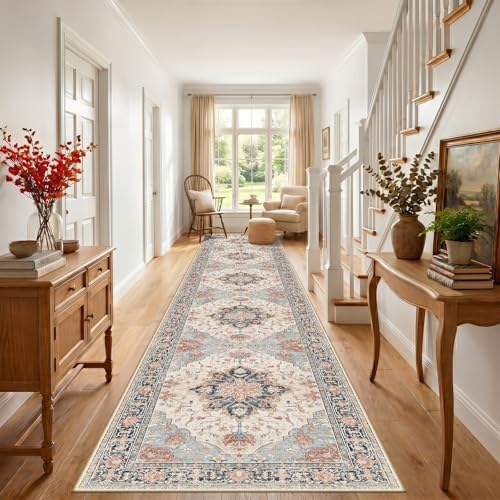 RELEANY Washable Area Rug, Runner 3'x20', Beige/Blue/Orange - Image 2