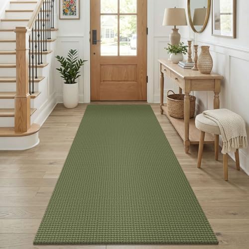 KOZYFLY Cotton Runners for Hallway 3x8, Wide Washable Runner Rug, Woven Non Slip Kitchen Runner, Braided Entryway Rug, Floor Carpet for Foyer, Bedroom, Hall, Olive Green/Earthy Green by KOZYFLY