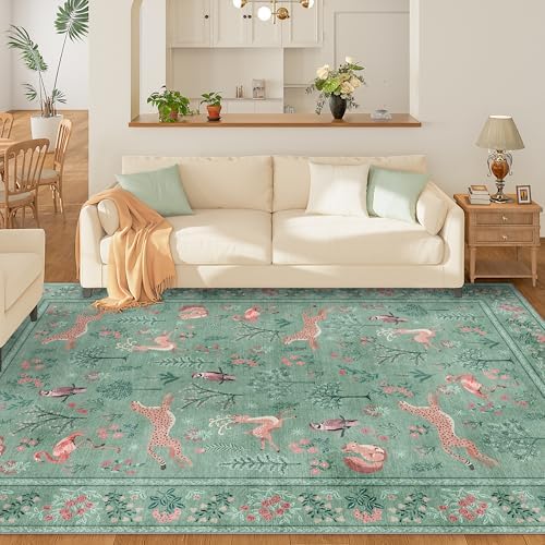 DUKINO 5x7 Area Rugs, Washable Animal Rug for Living Room Non Slip, Teal - Image 4
