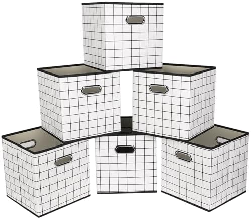 Fabric Cloth Storage Bins,Fabric Cube Organizer with Dual Handles Foldable Cube Storage Baskets for Home Bedroom Storage,Set of 6,(White grid) by SEVENDOME