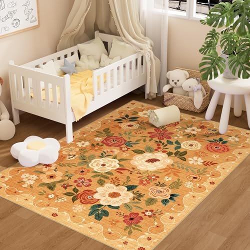 DUKINO 3x5 Area Rug, Floral Washable Rug for Bedroom Non Slip, Orange by DUKINO