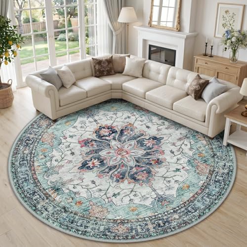 RELEANY Washable Area Rug, Round 10ft, Teal Green/White/Navy by RELEANY