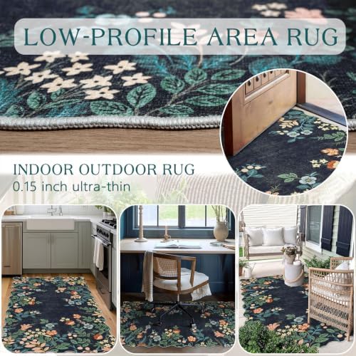 Dark Navy Floral Entry Rug - 3x5 Ft Washable Indoor Outdoor Mats for Front Door Porch Rug Non-Slip Spring Door Mat Boho Throw Rugs for Living Room Bedroom Entryway Kitchen Office Porch Decor - Image 4
