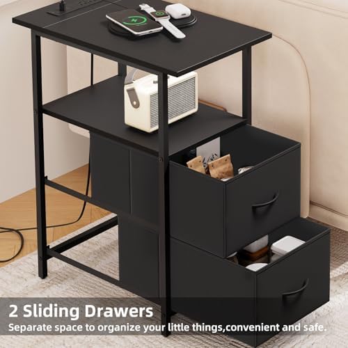 Somdot Narrow End Table with Charging Station, 2 Drawers, Slim Side Table - Image 4