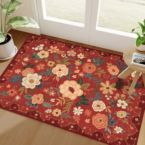 DUKINO 2x3 Entryway Rug, Floral Door Mat Soft Washable Rug Non Slip, Red by DUKINO