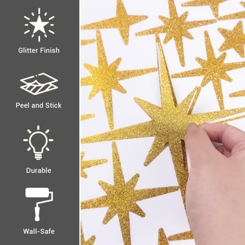 120 Pcs Glitter Gold Star Wall Decals | Retro Starburst Decor, Assorted Shapes & Sizes, Peel and Stick - Image 5