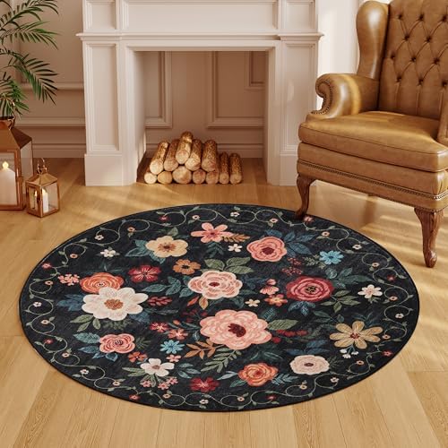 DUKINO 4ft Round Rug, Floral Washable Small Round Area Rug Non Slip, Black - Image 5
