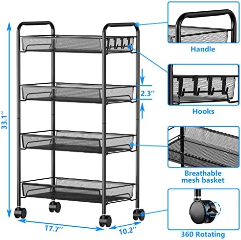 4-Tier Mesh Rolling Cart - 35 BLS/Tier Full Metal Cart with Wheel & 4 Hooks - Image 6