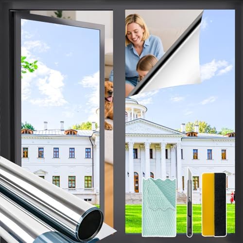 Bloss One Way Privacy Window Film, Privacy Film for Glass Windows One Way Mirror Window Film for House Window Tint Heat Blocking Anti UV Reflective Dichroic Windows Film(17.7" x 118", Silver) by Bloss