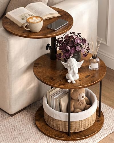 Faesun Swivel Round Table for Couch Arm, Height Adjustable C Shaped End Table for Recliner or Bed, Tv Trays with Storage Shelf for Small Spaces- Small Nightstand for Living Room, Bedroom, Rustic by Faesun