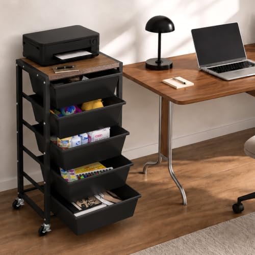 Rolling Cart with 5 Drawers, Plastic Drawer Storage Carts with Wheels & Wooden Tabletop, Metal Utility Cart for Office Bedroom Living Room Classroom, Craft Organization and Storage, Black - Image 2