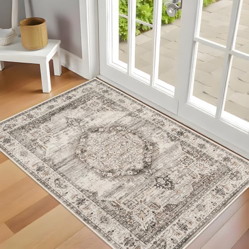 Washable Area Rugs 2x3 Entryway: Soft Ultra Thin Low Pile Mat Machine Washable Indoor Doormat Lightweight Entry Rug Anti Slip Backing Rugs for Living Room Bedroom Kitchen 2'x3' Beige - Image 2