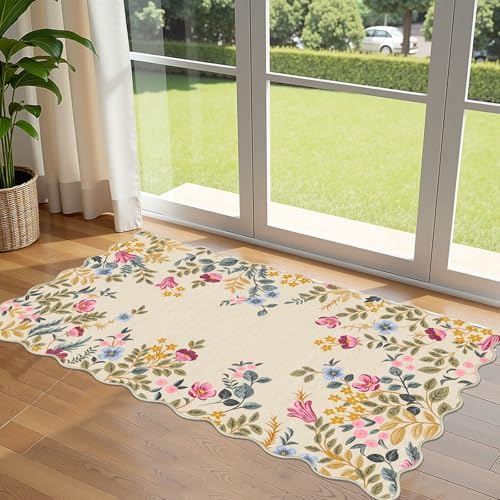 Front Door Mat Indoor Entrance - 2x4.3 Beige Colorful Floral Washable Layered Doormat Outdoor Entrance Porch Rug Non-Slip Boho Runner Rug for Kitchen Hallway Bedroom Laundry Room Porch Decor by Othilic