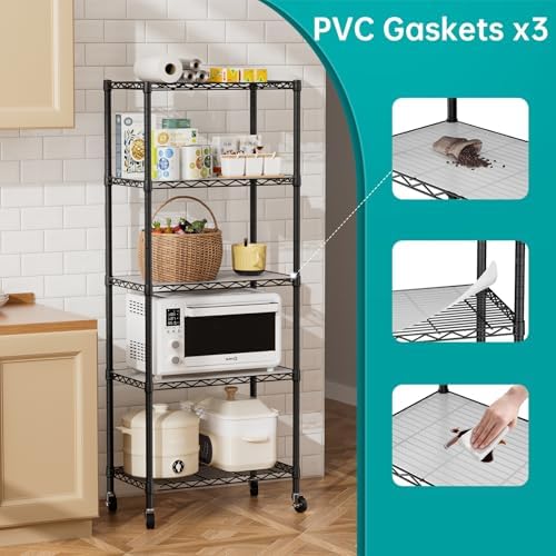 SINGAYE 5 Shelves Storage Wire Shelf Closet Metal Shelving Pantry Wheels - Image 5