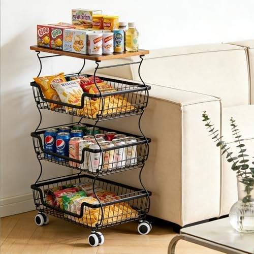 Kitchen Storage Cart on Wheels, 4 Tier Rolling Stackable Pantry Floor Organizer, Kitchen Fruit Basket Stand for Home Removable Metal Vegetable Rack Wire Snack Cart - Image 6