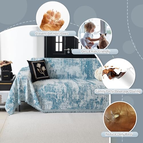 MYSKY HOME Sectional Couch Cover Sage Abstract Geometric Sofa Covers for Sectional Sofa L Shape Chenille Couch Protector for Dogs Pets Couch Throw Cover Washable Durable for Home Decor, 71" X118" - Image 3