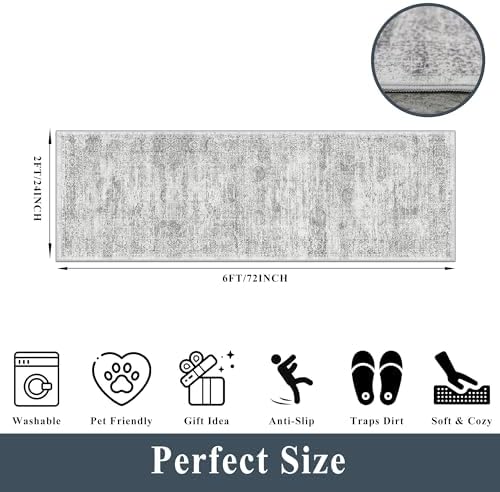 Rug Runners 2x6 Hallway Washable, Non Slip with Rubber Backing Carpet for Kitchen Bathroom Neutral Moroccan Vintage Oriental Distressed Area Rugs for Bedroom Laundry Room Entry Entryway, Grey/Ivory - Image 2