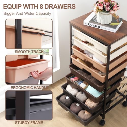 SYKIARIOL Rolling Cart with Drawers, 8 Drawers Utility Cart, Brown Gradient - Image 3