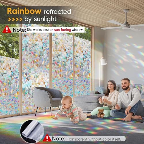 Rainbow Window Privacy Film Decorative, Stained Glass Tint for Home, 3D Decals Clings for Glass Windows, Static Cling Sticker, Suncatcher Cover, 23.6 Inch x 78.74 Inch - Image 2
