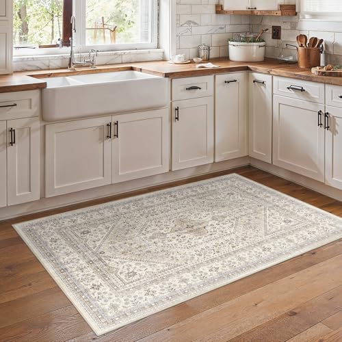3x5 Washable Entryway Area Rug - Non-Slip Vintage Throw Rugs Beige Gray - Image 3