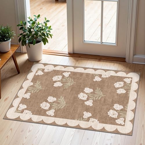 Front Door Mat Outside Entrance - 2x3 Floral Non-Slip Washable Doormat Indoor Outdoor Mat Tan Neutral Farmhouse Scalloped Entry Rug Small Throw Rugs for Entryway Kitchen Front Porch Decor by Othilic