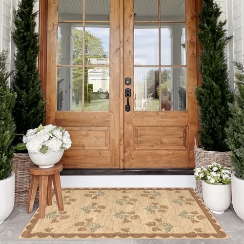 Floral Outdoor Rug - 28" x 43" Front Door Mat Indoor Outside Entrance Non-Slip Washable Outdoor Mat Jute-Look Tan Scalloped Rug for Entryway Kitchen Mudroom Layered Doormat for Front Porch - Image 4