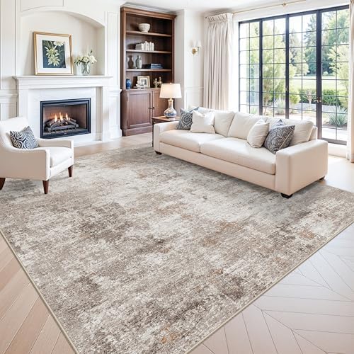 12x12ft Square Living Room Rug – Non-Slip Washable Extra Large Floor Carpet for Bedroom, Dining Room, Playroom Room – Modern Abstract Neutral Thin Low-Pile Big Indoor Rug (Beige Grey) by ZHXXUJ