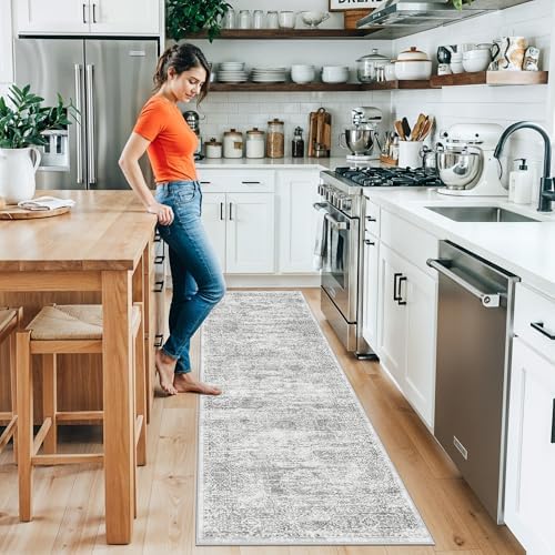 Runner Rug 2x8 Washable Hallway: Non Slip Kitchen Runners with Rubber Backing Vintage Farmhouse Neutral Boho Cream Soft Carpet for Bathroom Bedroom Entryway, Grey/Ivory - Image 3