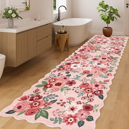DUKINO 3x10 Runner Rug, Non Slip Floral Washable Rug for Hallway, Pink - Image 4