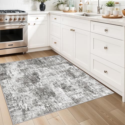 3x3 Square Entryway Rug Washable – Non-Slip Small Area Rug for Kitchen or Bathroom, Soft Low-Pile Indoor Mat, Modern Abstract Thin Door Carpet (Grey) - Image 3