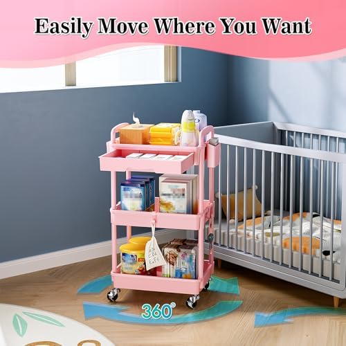 SUNALLY 3 Tier Rolling Cart with Drawer, Craft Storage Cart Organizer, Pink - Image 4