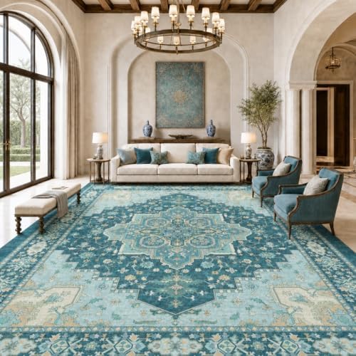 AMADA HOMEFURNISHING 9x12 Area Rug for Living Room, Vintage Washable Area Rug Low-Pile & Non-Slip Carpet for Bedroom Dining Room Nursery Home Office, Teal Blue by AMADAHOMEFURNISHING