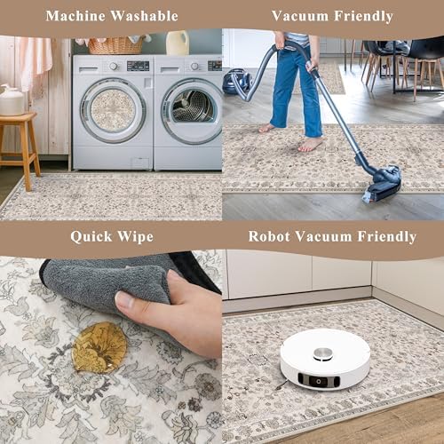4x8 Rug Washable for Entryway Kitchen – Non-Slip Rubber Backed Area Rug for Hallway Bedroom Living Room Office,Boho Floral Low Pile Thin Floor Indoor Mat (Beige,4x8) - Image 7
