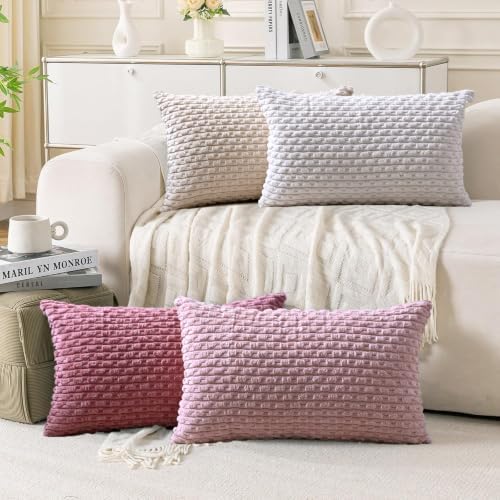 Set of 4 Pink Beige White Decorative Throw Pillow Covers 12x20 Inch Corduroy Pillow Covers for Bed Couch Sofa Living Room Soft Cushion Cases by Cozoomy
