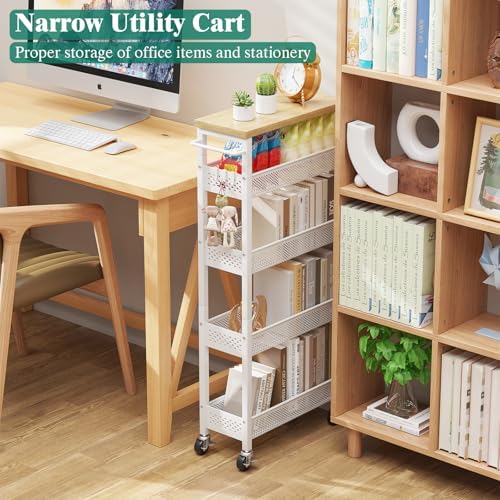 Giwil Slim Storage Cart 5 Tier Narrow Kitchen Rolling Cart on Wheels for Small Space, Metal Utility Cart Narrow Bathroom Storage Cabinet Mobile Shelf Unit Organizer with Wood Top and Handle, White - Image 3