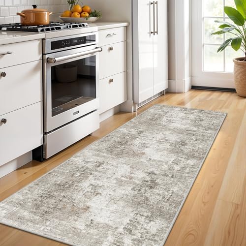 2x6 Washable Non-Slip Hallway Runner Rug – Modern Abstract Soft Carpet Runner for Kitchen, Bedroom with Rubber Backing – Low-Pile Thin Stain-Resistant Rug for Laundry Room, Entryway – Beige/Grey - Image 2