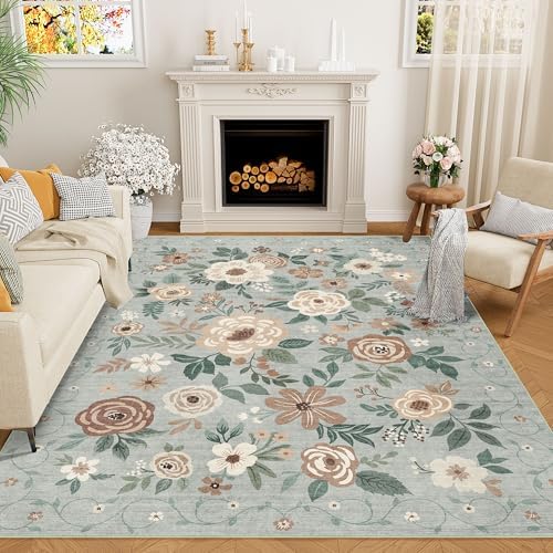 DUKINO 5x7 Area Rug Floral Washable Rug for Living Room Non Slip Sage Green by DUKINO
